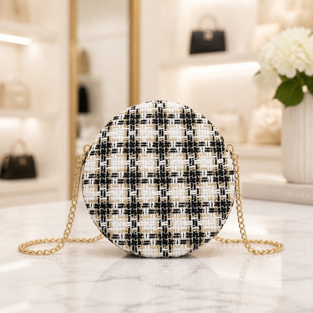 Tahari Black & White Bouclé Plaid Round Mini Crossbody Bag